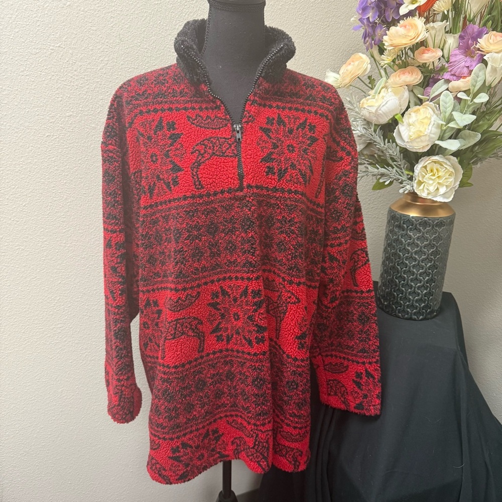 Tasha Polizzi Red Black Sherpa Fleece Pullover | Western Reindeer Sweater L